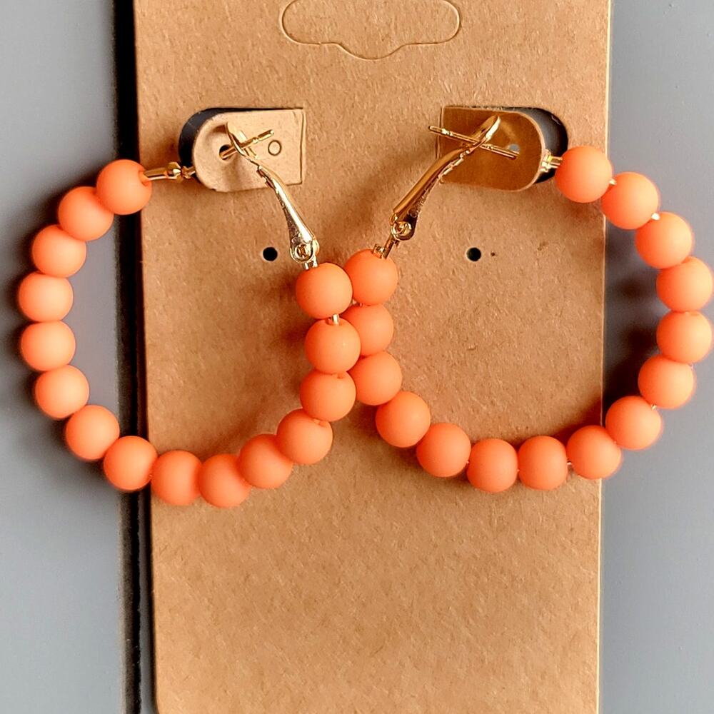 Orange Beaded Hoop Earrings Gold Tone Latch Back 1.5" NWT Boho Statement 1980's